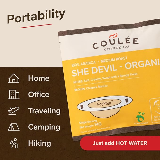 Coulée EcoPour Coffee Variety Pack, Single Serve Pour Over Coffee, Use for Camping or Traveling, Pre Filled Compostable Filters, Ready to Brew with Hot Water, Includes 4 Flavors, 20 Pack