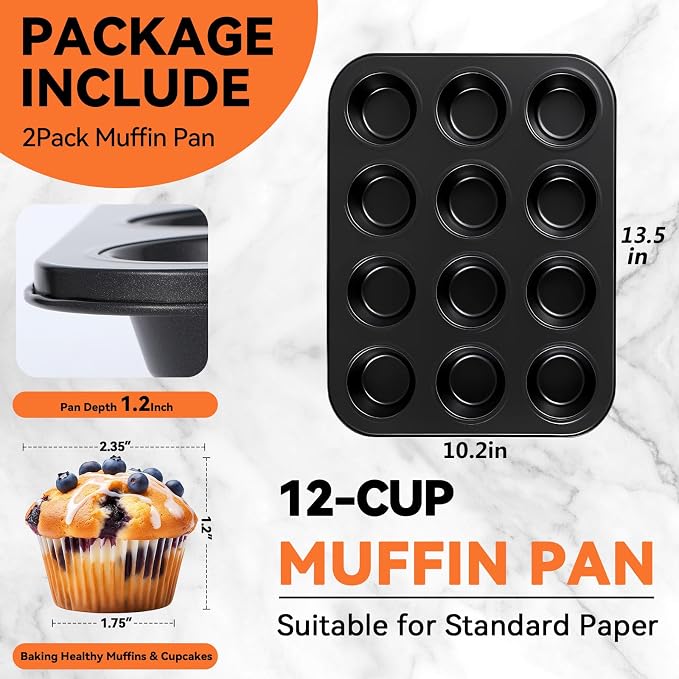 Yoehka 2 Pack Muffin Pan for Baking, Non-stick Cupcake Pan Set, Black | Standard 12-Cups Muffin Tin for Baking Cupcakes, Carbon Steel Baking Supplies - Image 2