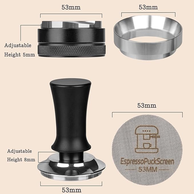 53mm Espresso Tamper Kit - Spring-loaded Coffee Tamper, Adjustable Depth Espresso Distributor Leveler, Magnetic Dosing Funnel Aluminum Metal, Reusable Puck Screen, Fit for 53mm Portafilters