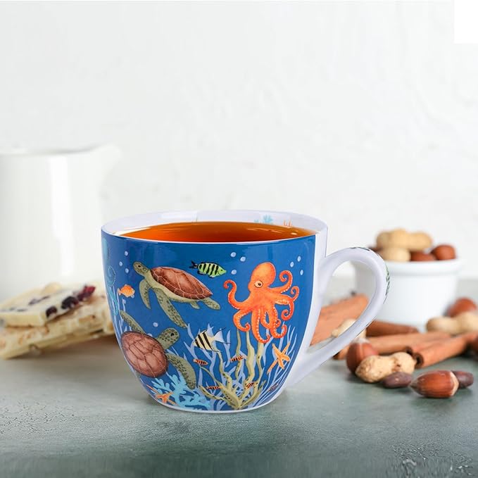 Summer Ocean Wonders Hug Mug - 20oz Deep Blue Bone China Coffee Mug with Sea Turtle, Octopus and Tropical Fish, Marine Life Themed Gift for Ocean Lovers, Designed in England by Harvest Green Studio - Image 7
