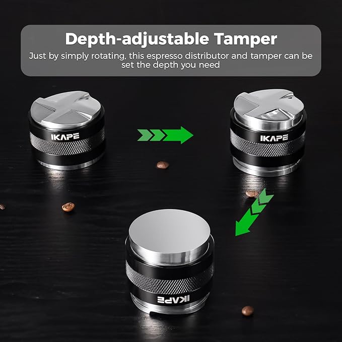 IKAPE Coffee Products, 58mm Coffee Distributor & Hand Tamper, Adjustable Depth Espresso Distributor Fits All 58mm Espresso Portafilter, Compatible with Rancilio, Gaggia Portafilter (Black)