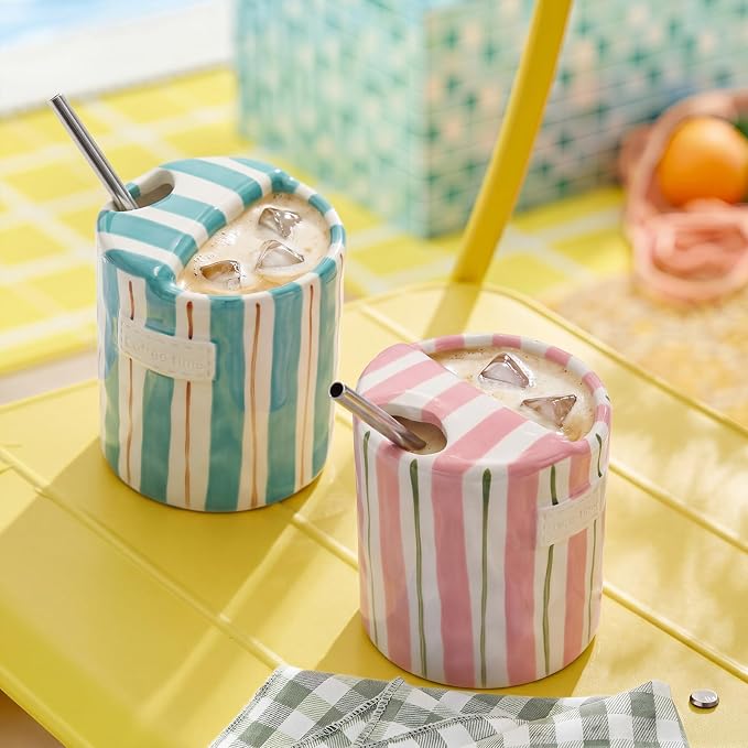 2 Pack Ceramic Coffee Mug with Sip Hole Espresso Cup 10oz with Straws Retro Hand Painted Striped Ceramic Iced Coffee Tea Travel Mug Latte Cup for Kitchen Dining (Simple,Pink,Blue) - Image 7