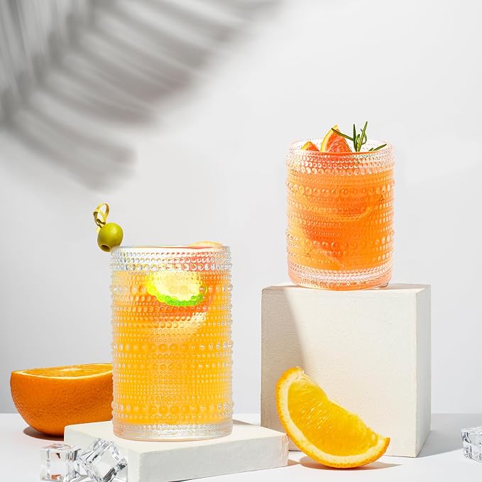 Hobnail Drinking Glasses Set of 12, 12 oz Highball Glassware & 10 oz Cocktail Glasses, Vintage Embossed Beaded Glass Cups for Kitchen,Beer,Soda, Whiskey,and Beverages,Dishwasher Safe - Image 2