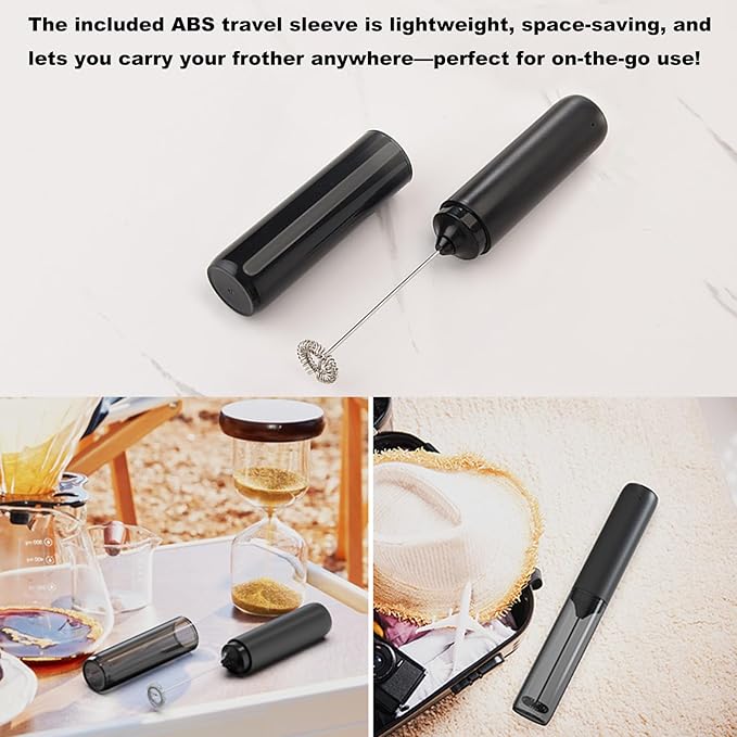 Handheld Milk Frother with Cover- 15-Second Silent Drink Mixer, Travel-Ready with ABS Sleeve, Battery-Powered for Coffee, Matcha & Shakes (With Cover) (Rechargeable)