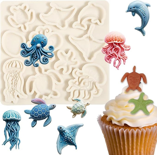 1 Pcs Ocean Theme Cake Decoration Silicone Mold, Turtle Octopus Chocolate Fondant Mold, for Kitchen Baking Cupcake Topper Chocolate Candy and Resin Pendant Clay