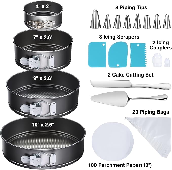 139PCS Springform Cake Pan Set - 4 Non-stick Cheesecake Pans(4/7/9/10-Inch) + Cake Decorating Supplies: Parchment Paper, Pastry Bags and Tips, Icing Scrapers, Cake Cutting Set & More - Image 2