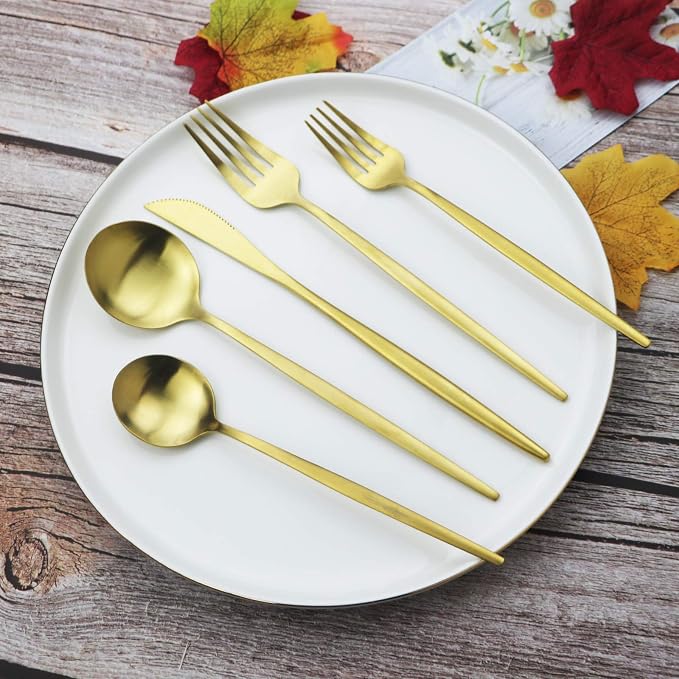 JASHII Flatware Silverware Set - Stainless Steel Satin Finish Cutlery Service for 6, 30-Piece Spoons and Forks Kitchen Utensils, Dishwasher Safe (Matte Gold) - Image 2