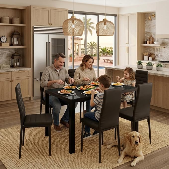 Gizoon Black 7 Piece Glass Dining Table Set, Kitchen Table and Chairs Set | PU Leather Modern Dining Room Furniture,Dining Table Sets,Space Saving Table and Chairs Set for Home, Kitchen, Living Room - Image 2