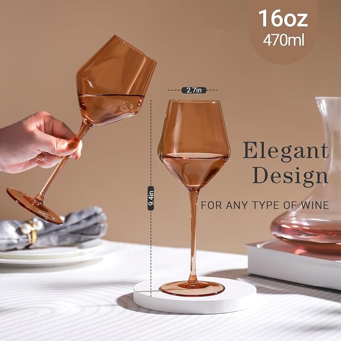 Brown Wine Glasses Set 6-16oz Long Stem-African American Wine Glasses - Hand Blown Amber Stemware for Wedding,Birthday Party and Home Party - Image 2