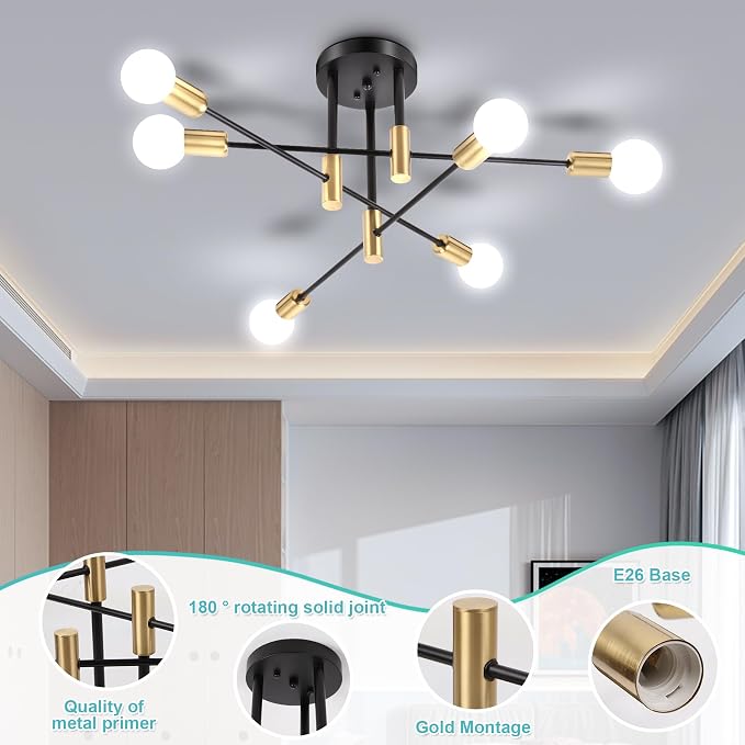 CANMEIJIA Sputnik Chandelier Modern Ceiling Light Fixture with 6 Lights Black Gold Mid Century Mount Ceiling Lights Fixture for Bedroom, Dining Room, Living Room, Kitchen, E26 Base, Bulbs Not Included - Image 3