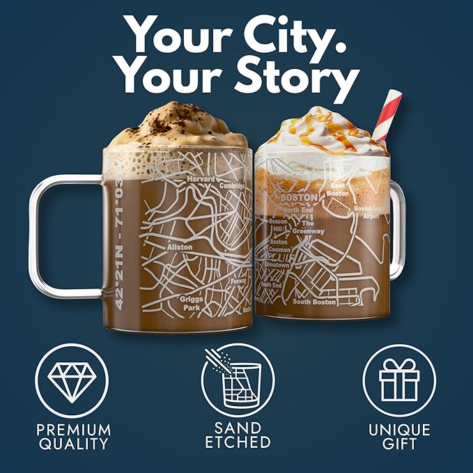 Greenline Goods – Boston, MA Map Glass Coffee Mugs (Set of 2), 16 oz – Etched Wrap Design