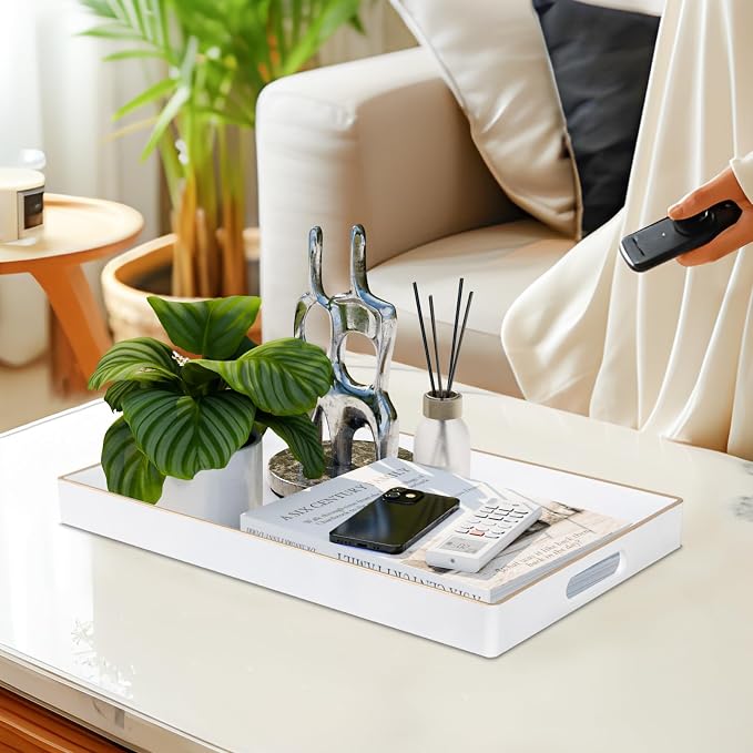 MAONAME White Decorative Tray for Coffee Table, Serving Tray with Handles | Plastic Melamine Tray, Modern Ottoman Tray, Rectangular Countertop Organizer Tray for Living Room, 15.8"L x 10.2"W x 1.4"H - Image 5