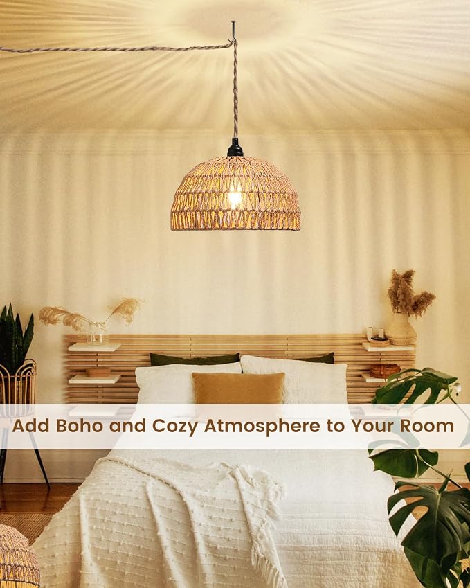 Rattan Hanging Lamp,Boho Pendant Lights,Plug in Cord Hanging Rattan Light,Plug Into Wall Outlet Pendant Light Fixture On/Off Switch for Living,Dinner Room,Bedroom,Kitchen,for E26,without Bulb - Image 5