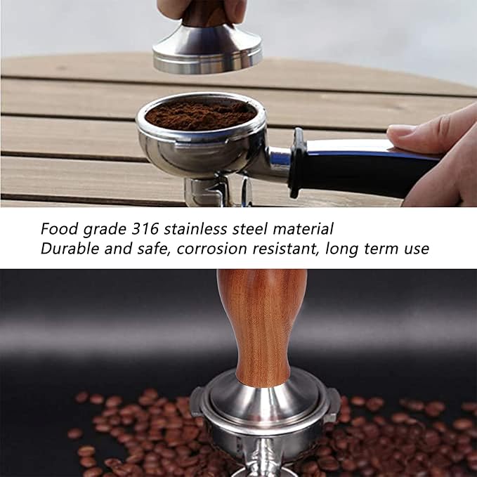 58mm Coffee Tamper, Stainless Steel Coffee Press Tool with Tamper Mat, Coffe Tamping Base with Wooden Handle for Espresso Machine Home Office Cafe