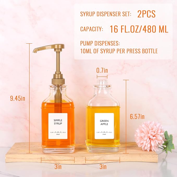 SZUAH 16oz Coffee Syrup Dispensers for Coffee Bar 2Pack, 480ml Glass Syrup Dispensers with Pumps and Stickers for Ketchup,Water and Lotion