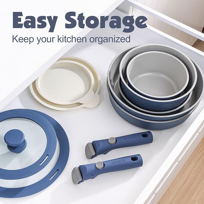SENSARTE 24 Piece Ceramic Detachable Handle Pots and Pans Set Navy | Ceramic Cookware Set, Induction Cookware Set with Removable Handle, Healthy Non Stick for RV, Dishwasher ＆ Oven Safe - Image 3