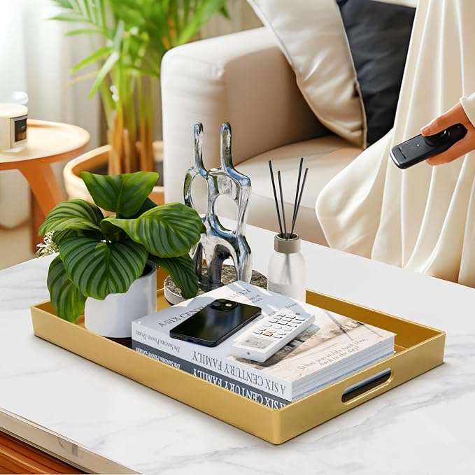 MAONAME Gold Decorative Tray for Coffee Table, Serving Tray with Handles | Plastic Melamine Tray, Modern Ottoman Tray, Rectangular Countertop Organizer Tray for Living Room, 15.8"L x 10.2"W x 1.4"H - Image 6
