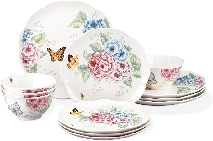 Lenox Dinnerware Set, Butterfly Meadow Hydrangea 12-Piece Set, Service For 4, Made From Ceramic Porcelain, Dishwasher And Microwave Safe, Plates And Bowls Sets, Home & Kitchen (Assorted, 12 Piece) by Lenox