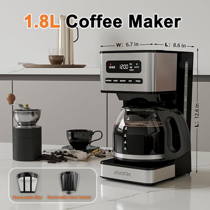 REVOTRA 12 Cup Programmable Coffee Maker, Hot and Iced Drip Coffee Makers | Regular & Strong Brew Drip Coffee Machine, 1-4 Cup, 24H Timer, Auto Shut-Off, Keep Warm, Pause & Serve - Image 4