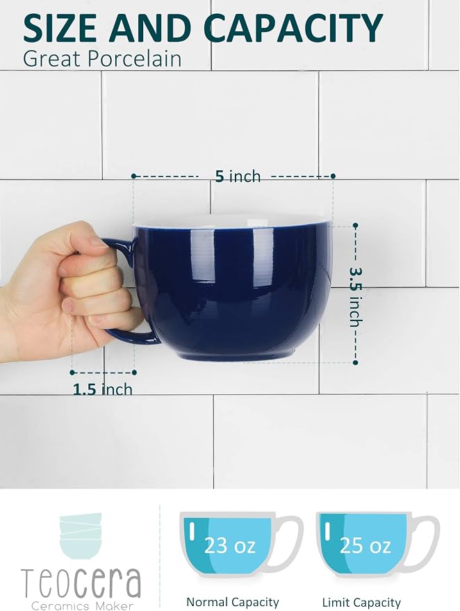 Teocera Porcelain Coffee Mugs, Soup Mugs Bowls with Handle, 24 oz Latte Mugs Set of 4 - Striped Design, Navy - Image 2