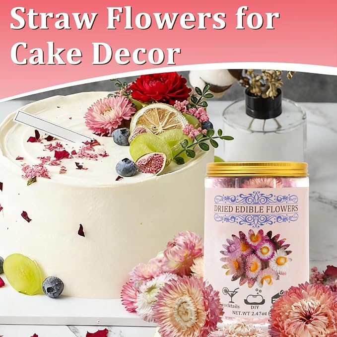 90+ Food Grade Pink Flowers for Cake and Cocktails Decorating – Culinary-Grade Dried Pink & White Strawflowers for Garnish, Baking, and Drink Toppers - Image 2