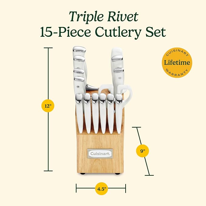Cuisinart 15-Piece Knife Set with Block, High Carbon Stainless Steel, Forged Triple Rivet, White, C77WTR-15P (Pack of 2) - Image 6