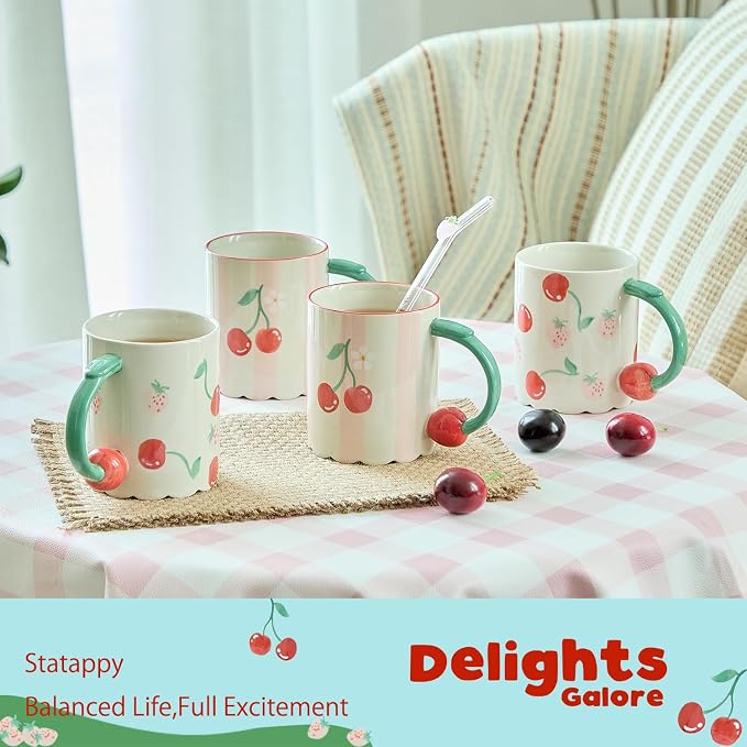 15oz Hand Painted Mug with 3D Cherry Handle - Strawberry & Cherry Pattern. Lead-Free, Microwave/Dishwasher Safe. Aesthetic Coffee Tea Cup Gift for Women & Girls-4pack - Image 5