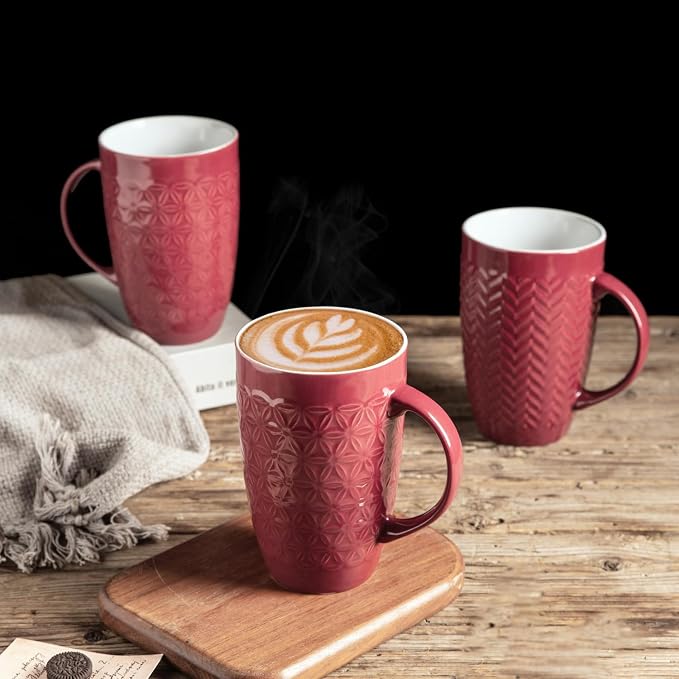 AmorArc Extra Large Coffee Mugs Set of 6, 20oz Ceramic Tall Coffee Mugs with Textured Geometric Patterns for Latte/Tea/Beer/Hot Cocoa, Dishwasher & Microwave Safe, Burgundy - Image 4