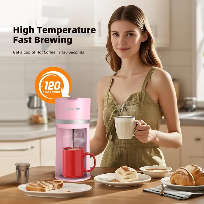 Horavie Mini Single Serve Coffee Maker for K-Cup Pod and Grounds, Fast Brew One Cup Coffee Machine with Descaling Reminder and Water Window, 6 to 12 oz. Brew Sizes, Pink - Image 2