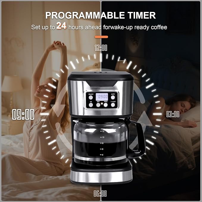 12 Cup Programmable Drip Coffee Maker, Fully Automatic Brewer | Features 1-4 Cup Select Setting, Programmable Timing, Automatic Drip Coffee Machine for Home & Kitchen Use， Stainless Steel - Image 6