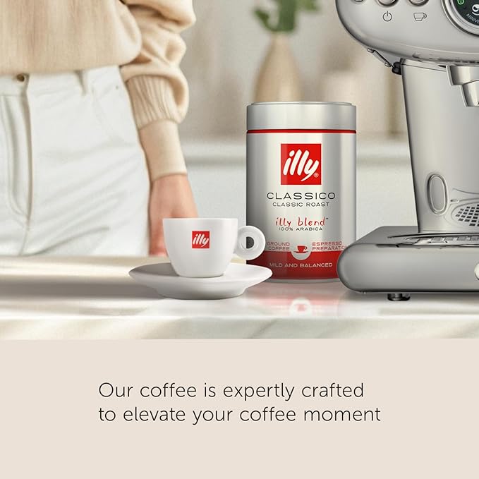 illy Ground Coffee Espresso - 100% Arabica Coffee Ground – Classico Medium Roast - Notes of Caramel, Orange Blossom & Jasmine - Rich Aromatic Profile - Precise Roast - No Preservatives – 4.4 Ounce
