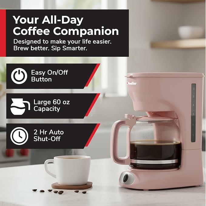MUELLER HOME 12-Cup Pink Coffee Maker | Borosilicate Carafe, Auto-Off, Reusable Filter, Anti-Drip, Keep-Warm Function - Image 2