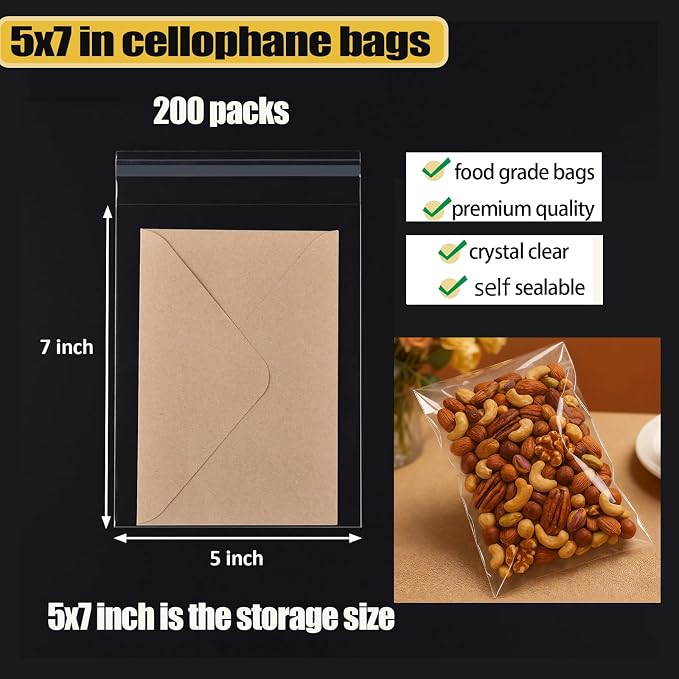 200 pcs Clear 5" x 7" Self Adhensive Cello Cellophane Bags Resealable Cellophane Sleeves 1.4 mils Clear Cookie Bags With Seal for Bakeries, Candy, Gift Bakery, Prints, Photos, Cards & Envelopes, Party - Image 2