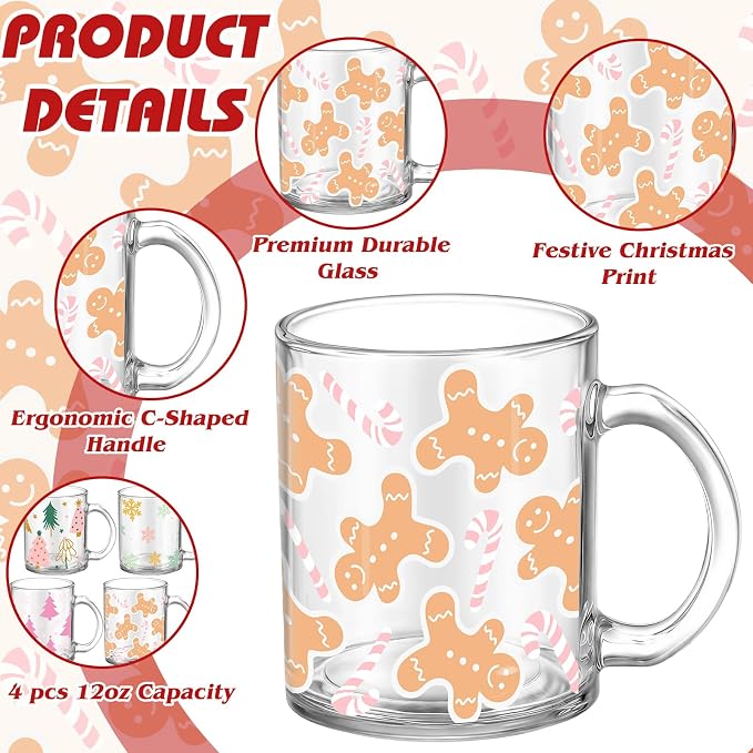 Tioncy 4 Pcs Christmas Coffee Mugs 12 oz Christmas Glass Cups with Handle Xmas Tree Gingerbread Snowflakes Coffee Cup Sweet Xmas Gifts Drinking Containers for Holiday Party - Image 3