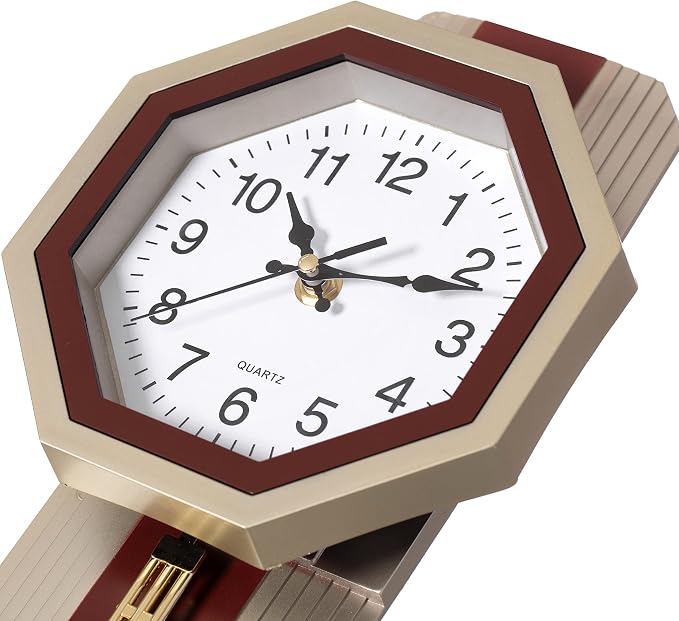 Clockswise Traditional Beige Round Wood- Looking Pendulum Plastic Wall Clock for Living Room, Kitchen, or Dining Room - Image 5