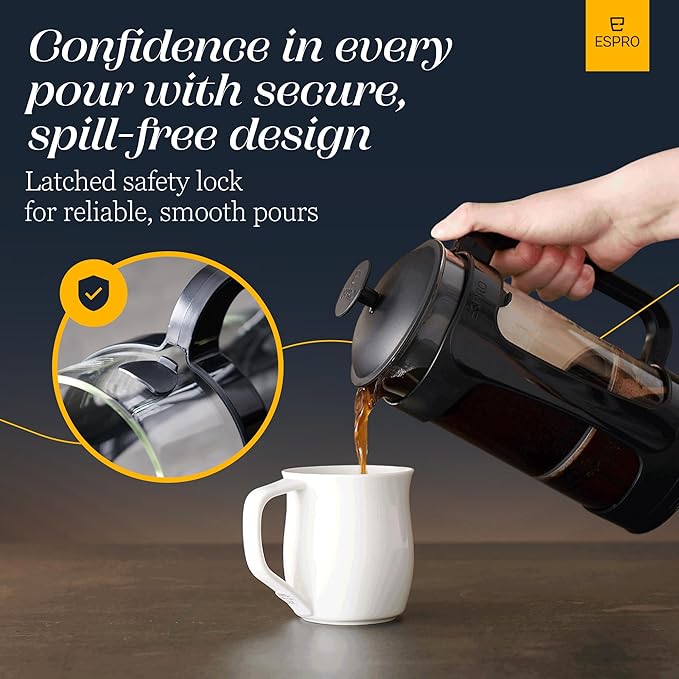 ESPRO P3 French Press Coffee Maker – Patented Double Micro-Filter for Grit-Free Brew, Heat Resistant thicker Borosilicate Glass Coffee press – (32 oz)