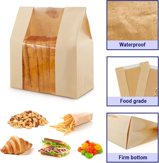 Pack of 35 Paper Bread Bags for Homemade Bread, Paper Bakery Bag for Baked Food Packaging Storage, Large Kraft Paper Bread Loaf Bag with Window Label Seal Sticker included Pack of 35,12.5x8.3x4 Inches - Image 6