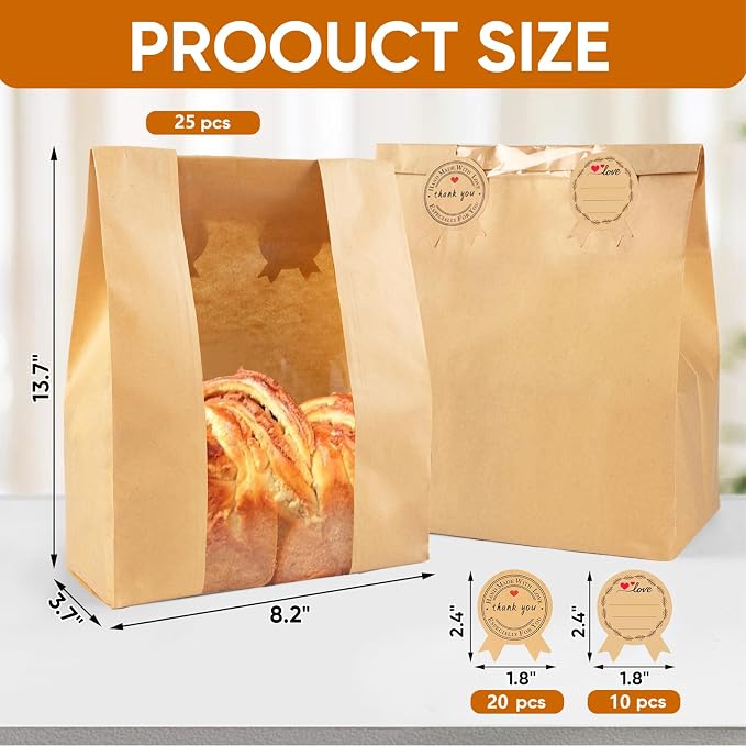 50 Pcs Bread Bags for Homemade Bread with Window & 60 Sealing Stickers | Food-grade kraft paper (13.7x8.2x3.7in), tear, water & grease resistant. Ideal for cookies, snacks, bagel and bread storage. - Image 2