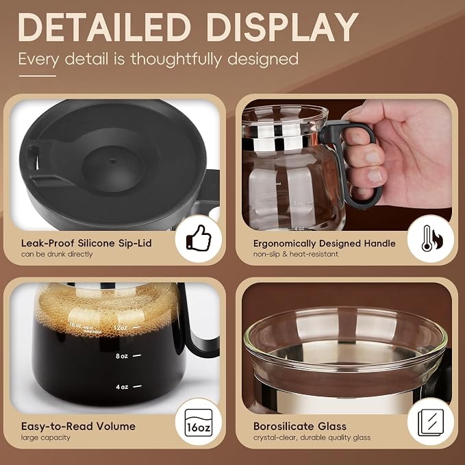 2pcs Coffee Pot Mug with Lid,16Oz Mini Glass Coffee Pot Coffee Mug Set with Spill Proof Lid & Heat Proof, Novelty Coffee Pot Cup for Coffee Lovers Gifts (2PCS) - Image 4