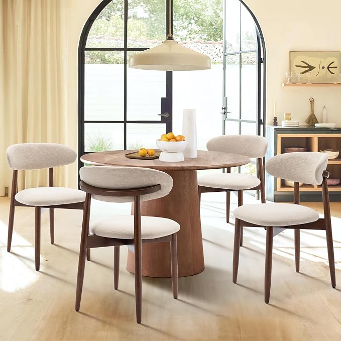 COLAMY Wooden Dining Chairs Set of 4, Modern Fabric Upholstered Kitchen Side Chairs, Farmhouse Dining Room Chair with Foot Pegs, Beige - Image 4