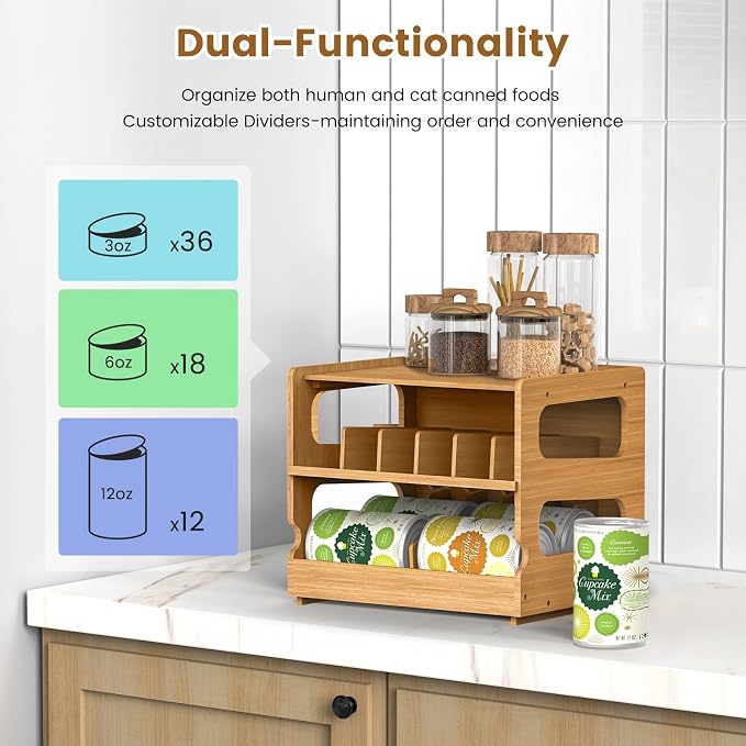Stackable Bamboo Cat Food Can Organizer, Cat Canned Food Organizer Storage | 2-Tier Adjustable Stacking Can Dispensers, First-In & First-Out System, Holds Up to 36 Cans - for Pantry, Cabinet, Countertop - Image 4