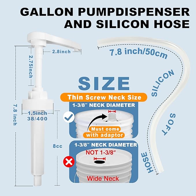 5 Gallon Bucket Pump Dispenser, Gallon Bucket Syrup Jug Bottle Water Pumps with 50cm Long Silicon Hose for Larger Laundry Detergent Pump Dispenser Shampoo Soap Conditioner Oil Bleach Liquid 38/400