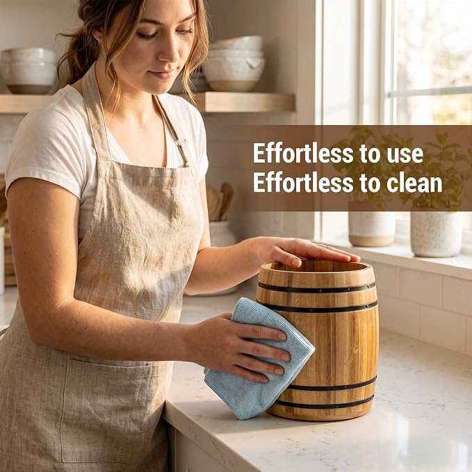 MyGift Wine Barrel Design Kitchen Utensil Crock, Light Brown Solid Bamboo Wood Cooking Tool Holder - Image 4