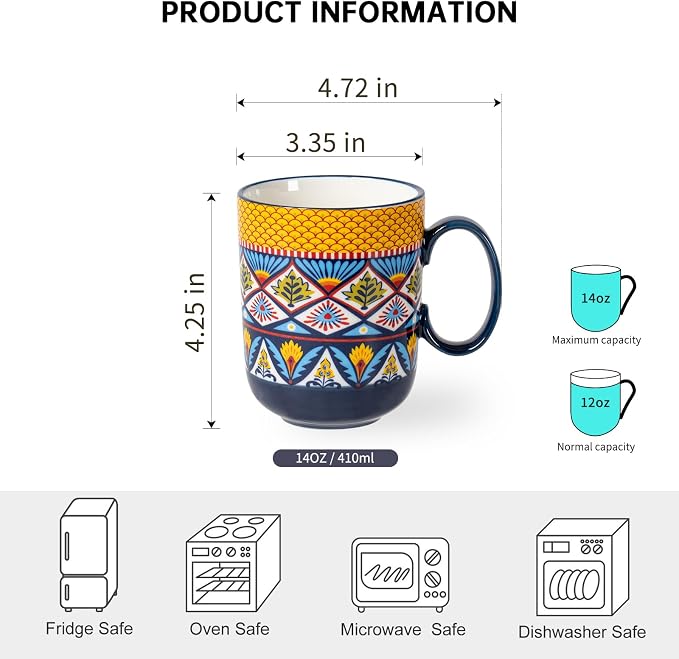 HENXFEN LEAD Boho Ceramic Coffee Mugs Set of 6, 14 oz | Assorted Patterns, Ideal for Coffee, Tea, Latte & Hot Cocoa, Microwave & Dishwasher Safe, Lead-Free Glaze - Image 2