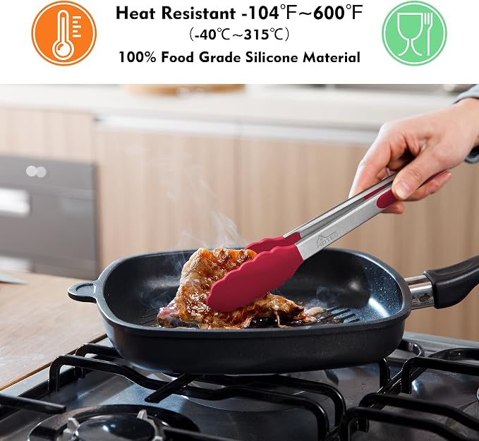 HOTEC Premium Stainless Steel Locking Kitchen Tongs with Silicon Tips, Set of 2-9" and 12"(Red) - Image 2