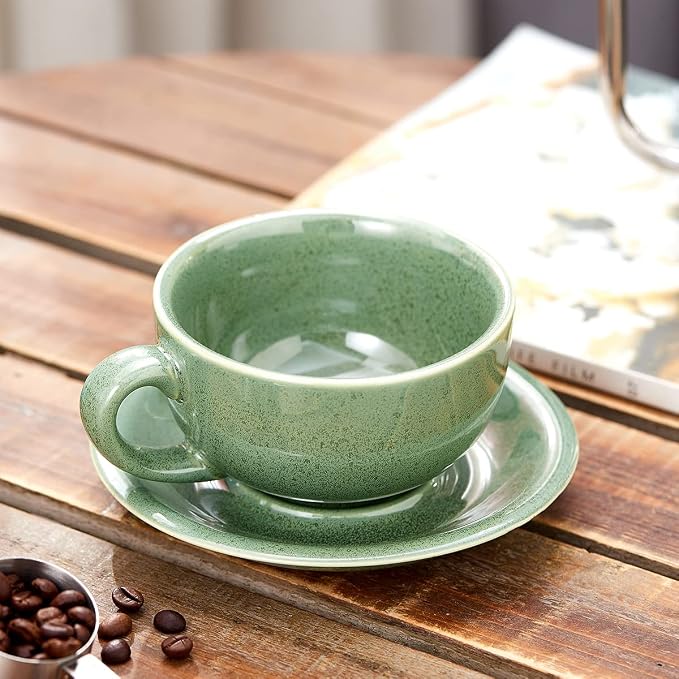 Coffeezone Vintage Design 12 oz Ceramic Latte Art Cappuccino Barista Cup with Saucer (Green) - Image 4