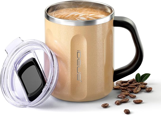 Ideus 16 oz Insulated Coffee Mug with Handle and Lid, Double Wall Stainless Steel Vacuum Thermal Coffee Mug, Travel Coffee Cup Thermal Cup for Home and Office, Golden-FUJI FLOW by IDEUS