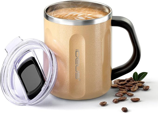 Ideus 16 oz Insulated Coffee Mug with Handle and Lid, Double Wall Stainless Steel Vacuum Thermal Coffee Mug, Travel Coffee Cup Thermal Cup for Home and Office, Golden-FUJI FLOW by IDEUS