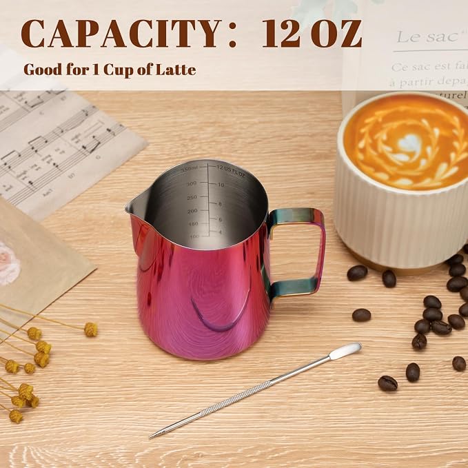 Amrules Milk Frothing Pitcher, 12 oz Milk Frother Cup with Clear Scale, 304 Stainless Steel Cappuccino Espresso Machine Accessories for Barista Coffee Bar with Latte Art Pen, Multipurple - Image 4