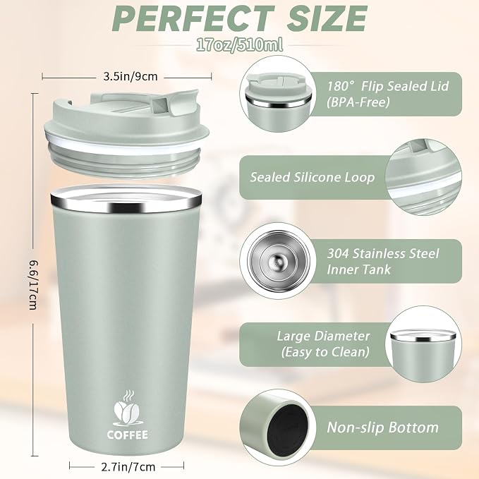 Insulated Travel Coffee Mug Reusable Coffee Tumbler Cup with Flip Lid Leak Proof Spill Proof for Office School Party Camping Hot and Cold Drink,Stainless Steel 17oz (Agave Green) - Image 5